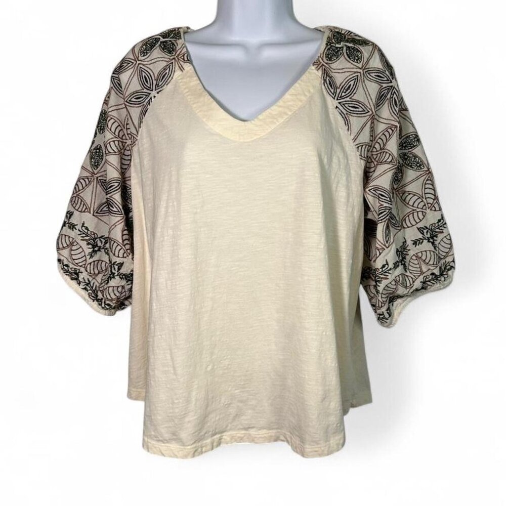 Cupio Embroidered Floral Bubble Sleeve Cream Blouse - Picture 1 of 7